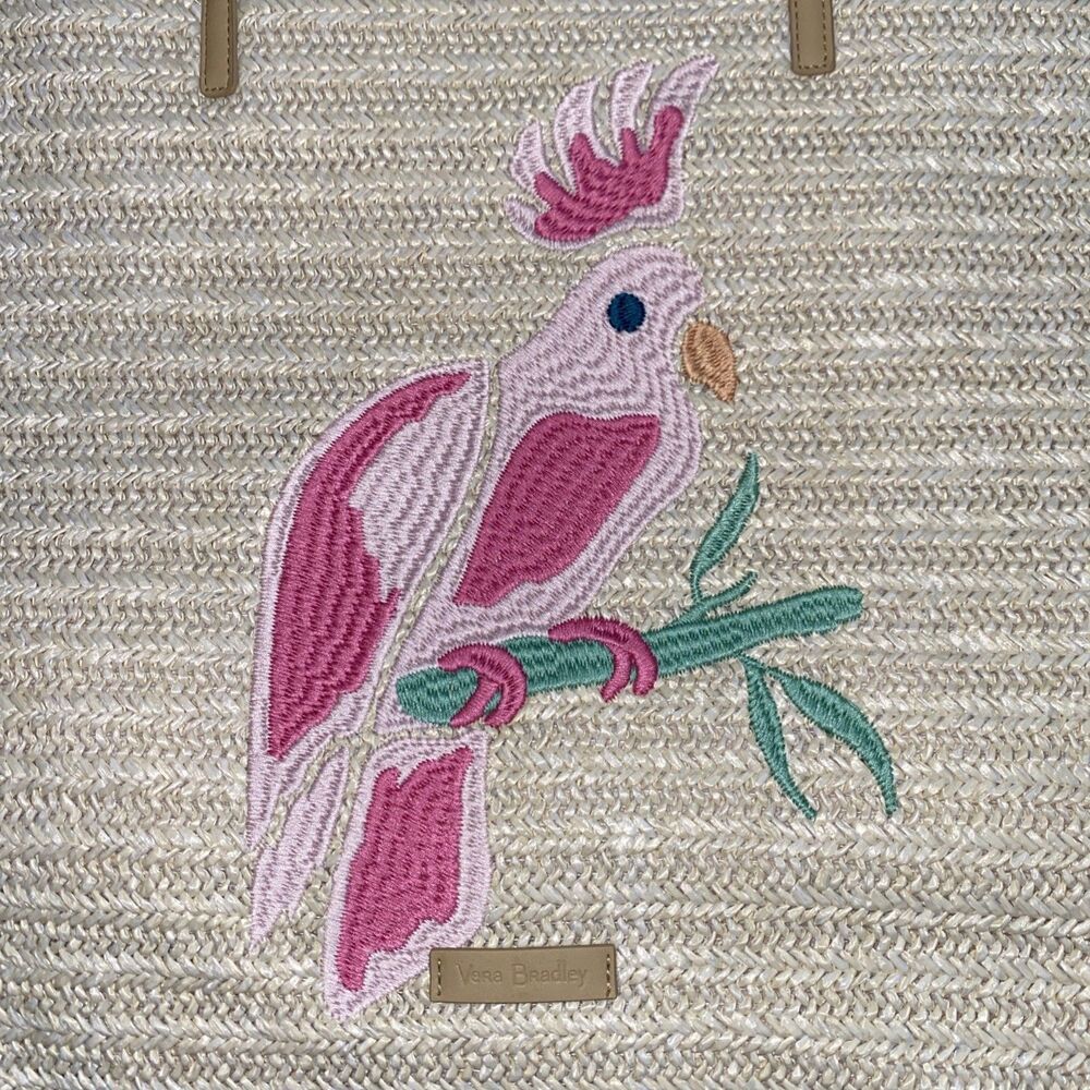 Vera Bradley Straw Tote Light Natural Straw Pink Embroidered Parrot OS NWT - Picture 3 of 10